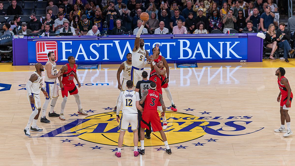 Los Angeles Lakers Deandre Ayton 5 wins tip off during NBA game against the Toronto Raptors on Sunday January 18th, 2026, in Los Angeles California. Los Angeles Lakers Deandre Ayton 5 wins tip off during NBA game against the Toronto Raptors on Sunday January 18th, 2026, in Los Angeles California.