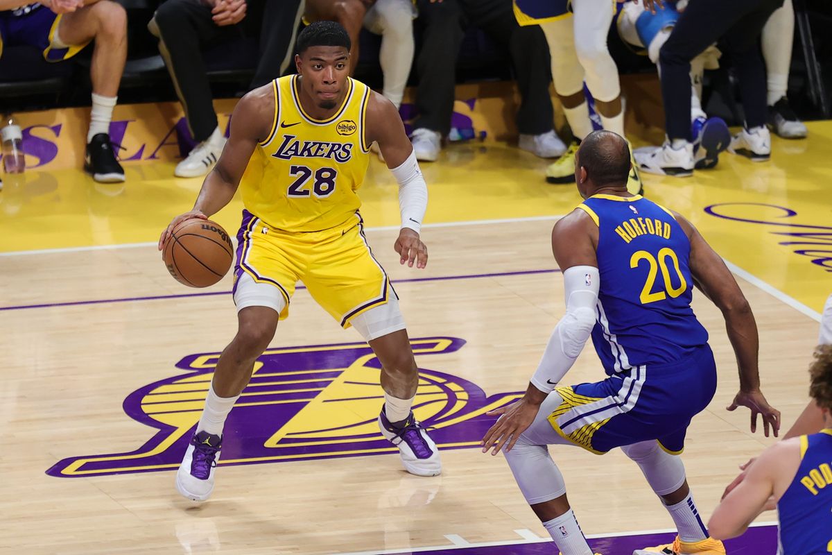 Los Angeles Lakers forward Rui Hachimura (28) dribbles the basketball during an NBA game against the Golden State Warriors on February 7, 2025 in Los Angeles, CA. Los Angeles Lakers forward Rui Hachimura (28) dribbles the basketball during an NBA game against the Golden State Warriors on February 7, 2025 in Los Angeles, CA.