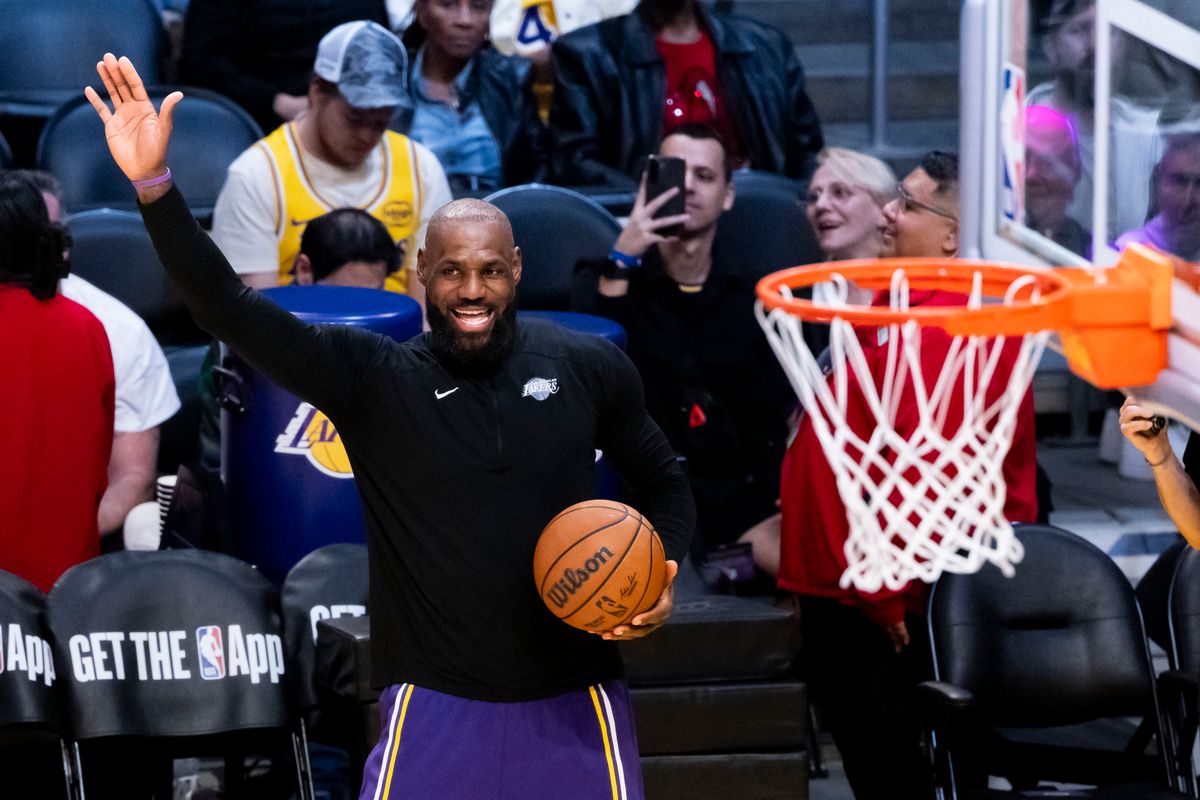 LeBron James #23 of the Los Angeles Lakers on the court during warm ups before an NBA basketball game against the Oklahoma City Thunder, Monday February 9, 2026 in Los Angeles, Calif. LeBron James #23 of the Los Angeles Lakers on the court during warm ups before an NBA basketball game against the Oklahoma City Thunder, Monday February 9, 2026 in Los Angeles, Calif.