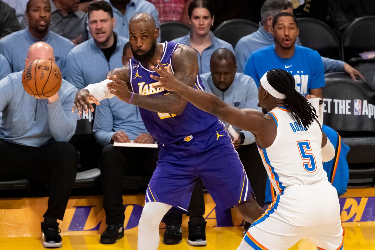 LeBron James #23 of the Los Angeles Lakers passes the ball during an NBA basketball game against the Oklahoma City Thunder, Monday February 9, 2026 in Los Angeles, Calif. LeBron James #23 of the Los Angeles Lakers passes the ball during an NBA basketball game against the Oklahoma City Thunder, Monday February 9, 2026 in Los Angeles, Calif.