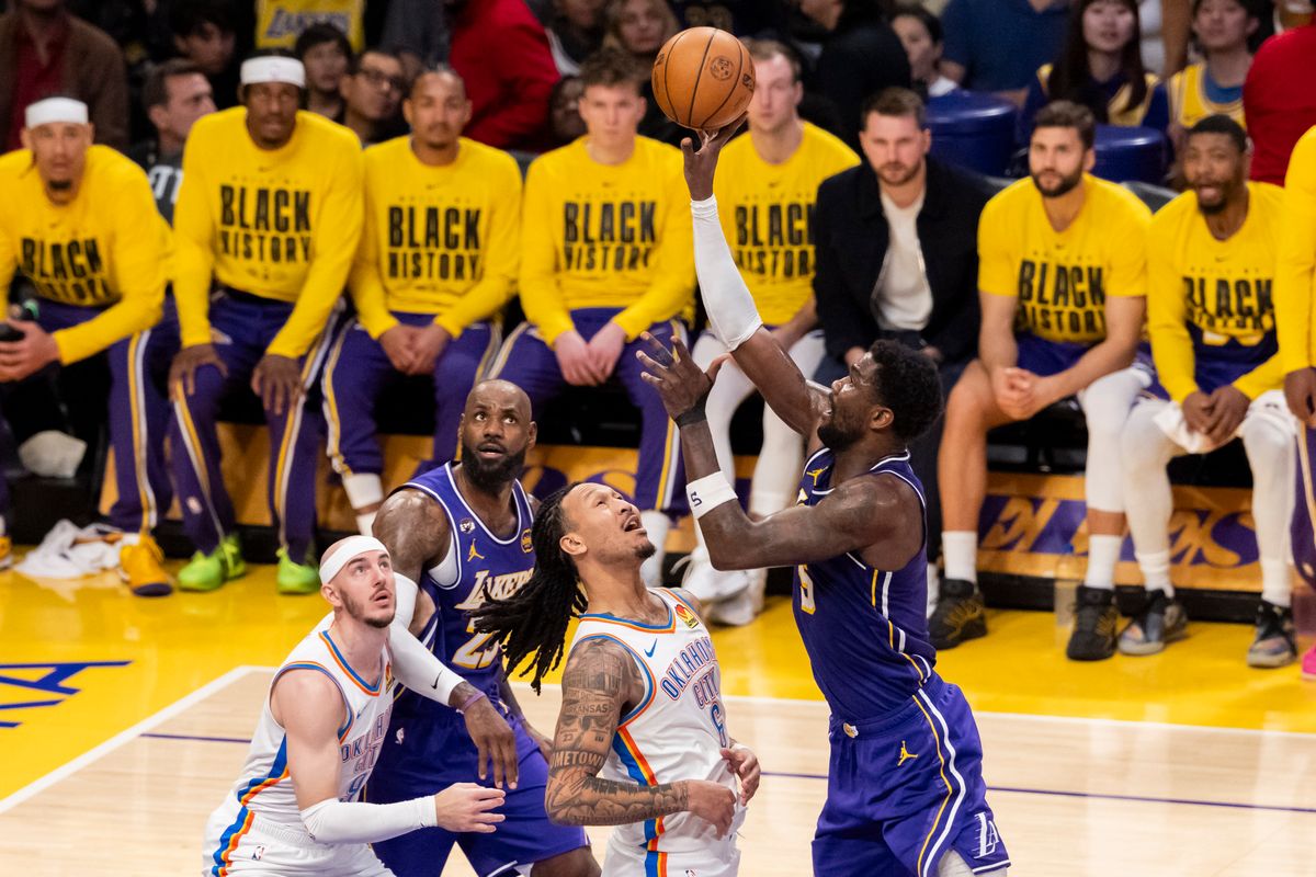 Deandre Ayton #5 of the Los Angeles Lakers shoots the ball during an NBA basketball game against the Oklahoma City Thunder, Monday February 9, 2026 in Los Angeles, Calif. Deandre Ayton #5 of the Los Angeles Lakers shoots the ball during an NBA basketball game against the Oklahoma City Thunder, Monday February 9, 2026 in Los Angeles, Calif.
