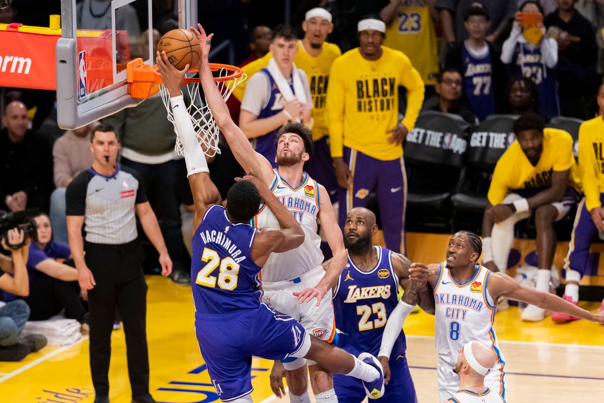Rui Hachimura #28 of the Los Angeles Lakers lays the ball up against Chet Holmgren #7 of the Oklahoma City Thunder during an NBA basketball game, Monday February 9, 2026 in Los Angeles, Calif. Rui Hachimura #28 of the Los Angeles Lakers lays the ball up against Chet Holmgren #7 of the Oklahoma City Thunder during an NBA basketball game, Monday February 9, 2026 in Los Angeles, Calif.