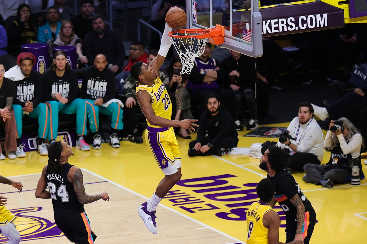Los Angeles Lakers forward Rui Hachimura (28) dunks the basketball during an NBA game against the San Antonio Spurs on February 10, 2026 in Los Angeles, CA. Los Angeles Lakers forward Rui Hachimura (28) dunks the basketball during an NBA game against the San Antonio Spurs on February 10, 2026 in Los Angeles, CA.