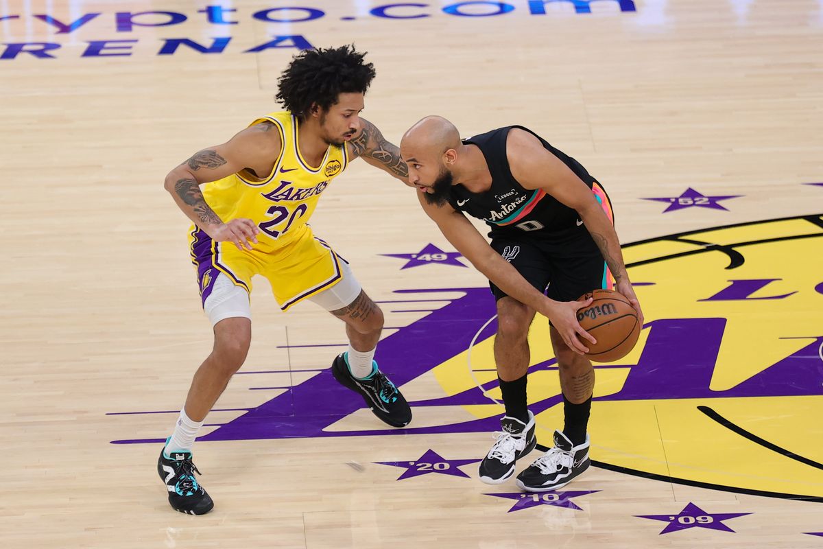 Los Angeles Lakers guard Nick Smith Jr. (20) guards San Antonio Spurs guard Jordan McLaughlin (0) during an NBA game on February 10, 2026 in Los Angeles, CA. Los Angeles Lakers guard Nick Smith Jr. (20) guards San Antonio Spurs guard Jordan McLaughlin (0) during an NBA game on February 10, 2026 in Los Angeles, CA.