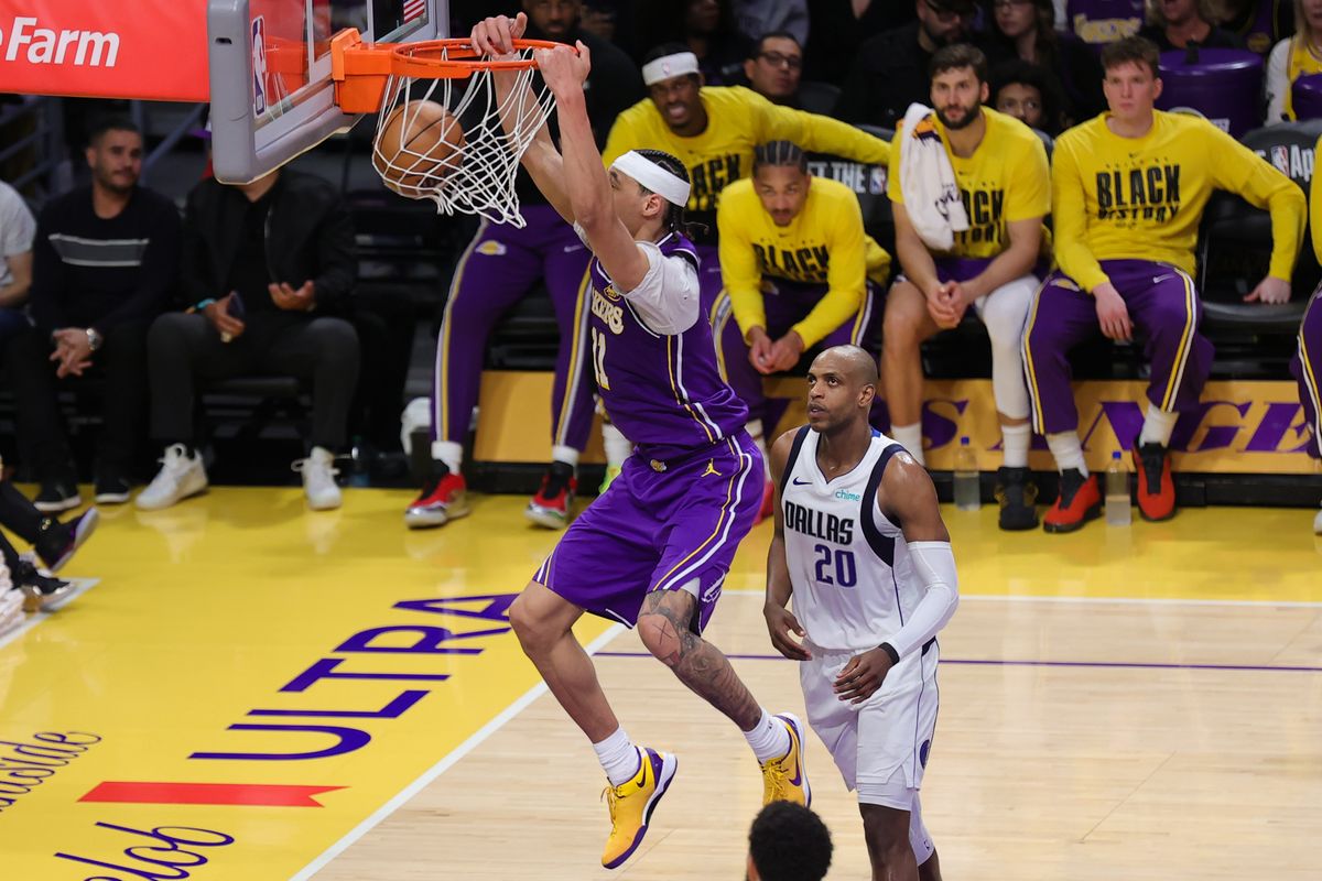 Los Angeles Lakers center Jaxson Hayes (11) slam dunks during an NBA game against the Dallas Mavericks on February 12, 2026 in Los Angeles, CA. Los Angeles Lakers center Jaxson Hayes (11) slam dunks during an NBA game against the Dallas Mavericks on February 12, 2026 in Los Angeles, CA.