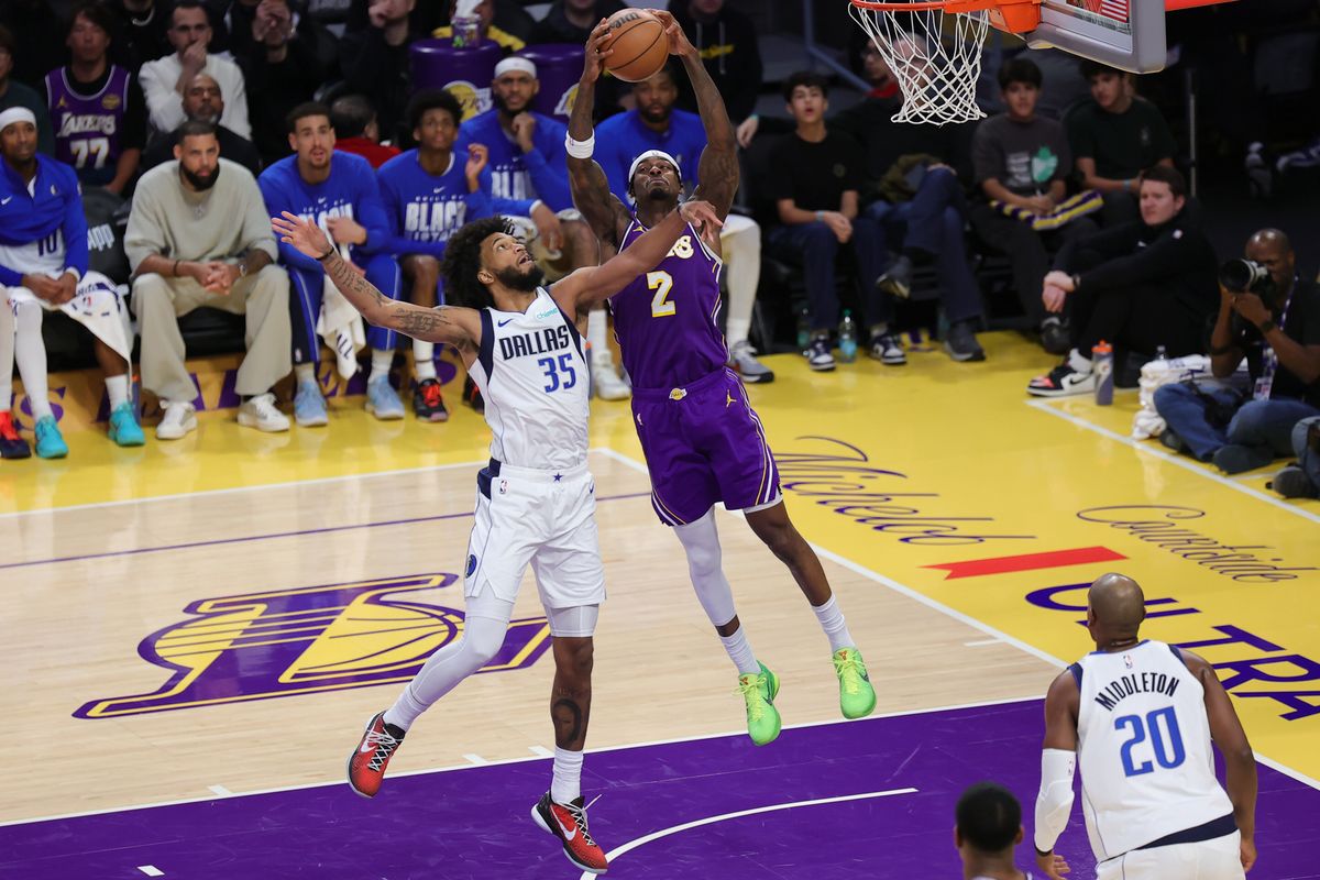 Los Angeles Lakers forward Jarred Vanderbilt (2) catches the pass during an NBA game against the Dallas Mavericks on February 12, 2026 in Los Angeles, CA. Los Angeles Lakers forward Jarred Vanderbilt (2) catches the pass during an NBA game against the Dallas Mavericks on February 12, 2026 in Los Angeles, CA.