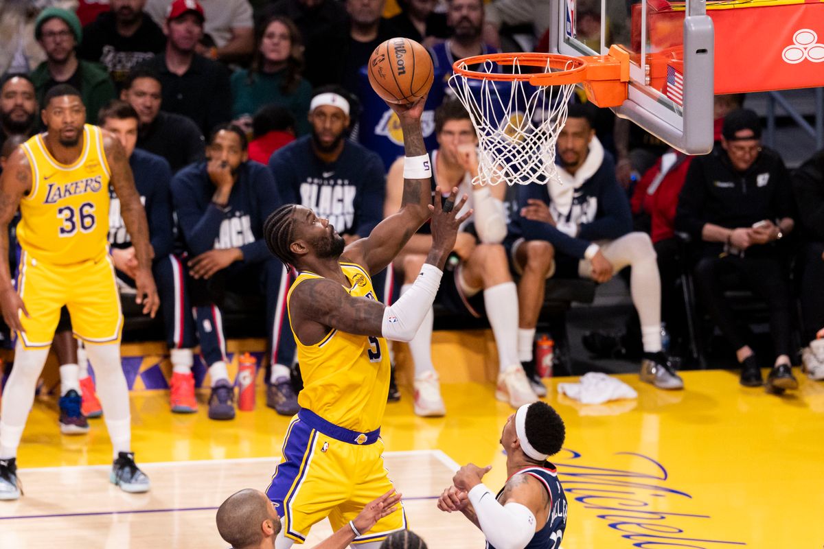 Deandre Ayton #5 of the Los Angeles Lakers lays the ball up during an NBA basketball game against the LA Clippers, Friday February 20, 2026 in Los Angeles, Calif.