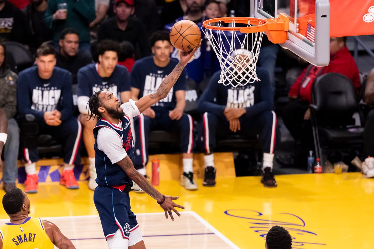 Derrick Jones Jr. #5 of the LA Clippers lays the ball up during an NBA basketball game against the Los Angeles Lakers, Friday February 20, 2026 in Los Angeles, Calif.