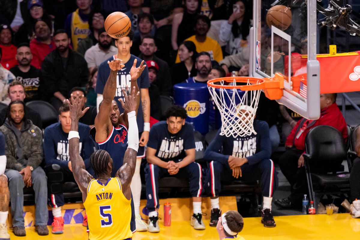 Kawhi Leonard #2 of the LA Clippers shoot the ball during an NBA basketball game against the Los Angeles Lakers, Friday February 20, 2026 in Los Angeles, Calif.