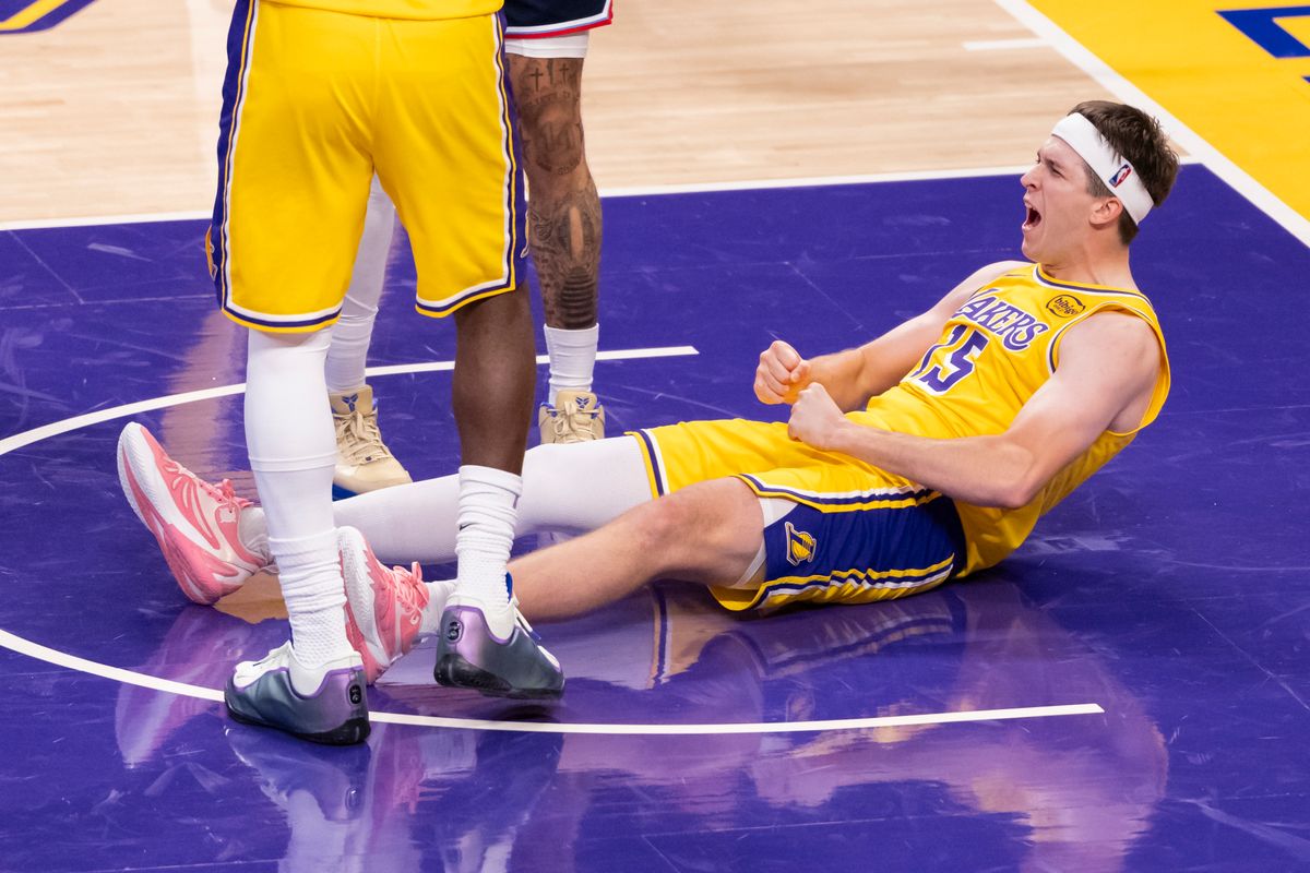 Austin Reaves #15 of the Los Angeles Lakers celebrates during an NBA basketball game against the LA Clippers, Friday February 20, 2026 in Los Angeles, Calif.