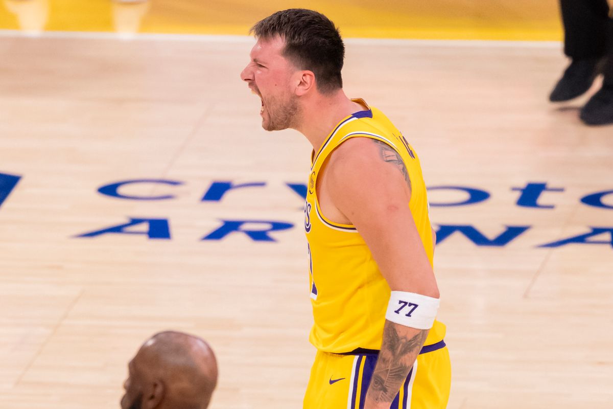 Luka Doncic #77 of the Los Angeles Lakers celebrates during an NBA basketball game against the LA Clippers, Friday February 20, 2026 in Los Angeles, Calif.