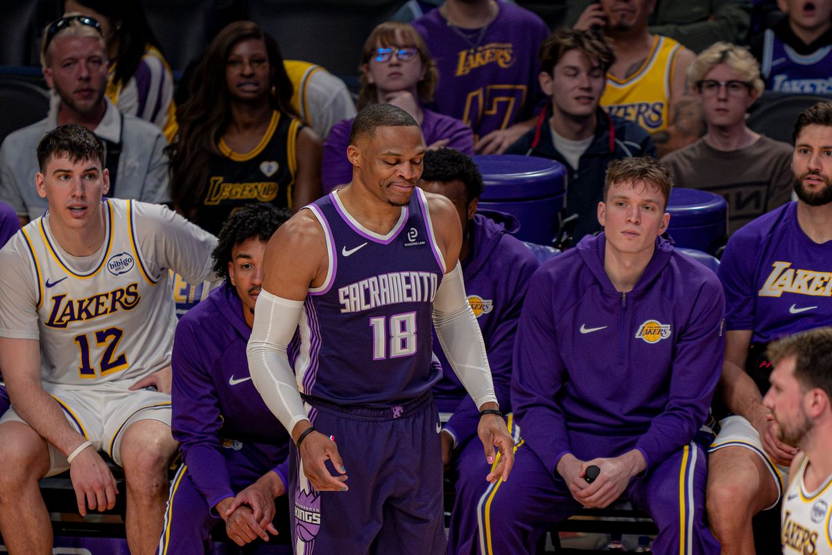 Sacramento Kings guard Russell Westbrook (18) disappointed over missing a 3-pointer during an NBA basketball game against the Los Angeles Lakers on March 1st, 2026 in Los Angeles, CA. Sacramento Kings guard Russell Westbrook (18) disappointed over missing a 3-pointer during an NBA basketball game against the Los Angeles Lakers on March 1st, 2026 in Los Angeles, CA.