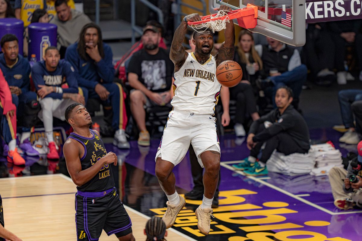 New Orleans Pelicans forward Zion Williamson (1) dunking the basketball during an NBA basketball game against the Los Angeles Lakers on March 3rd, 2026 in Los Angeles, CA. New Orleans Pelicans forward Zion Williamson (1) dunking the basketball during an NBA basketball game against the Los Angeles Lakers on March 3rd, 2026 in Los Angeles, CA.