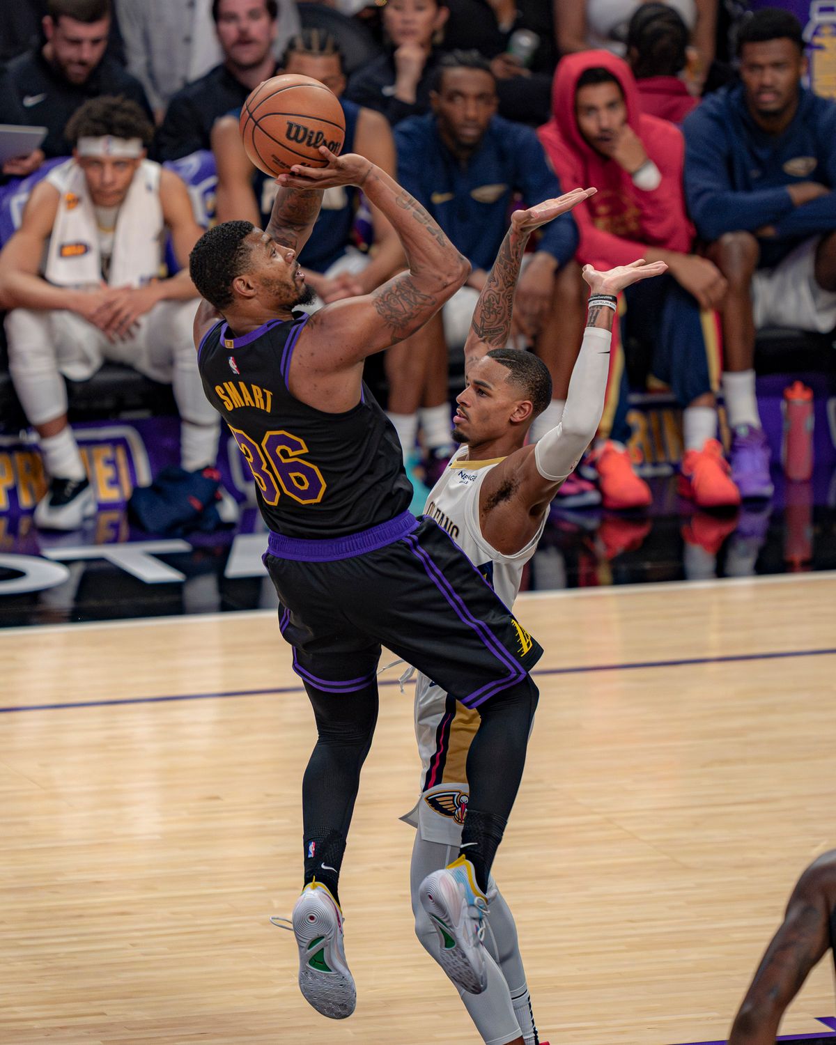 Los Angeles Lakers guard Marcus Smart (36) shooting for two points during an NBA basketball game against the New Orleans Pelicans on March 3rd, 2026 in Los Angeles, CA. Los Angeles Lakers guard Marcus Smart (36) shooting for two points during an NBA basketball game against the New Orleans Pelicans on March 3rd, 2026 in Los Angeles, CA.