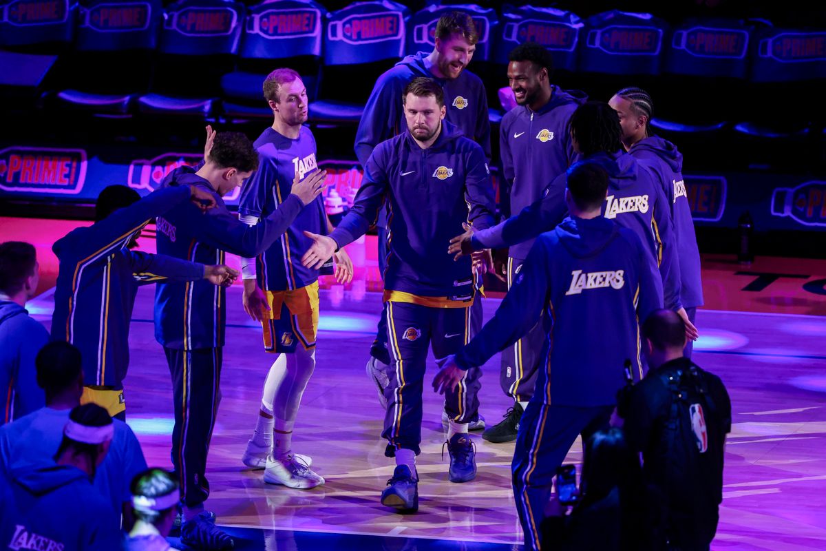 Luka Dončić #77 of the Los Angeles Lakers is introduced during the starting lineups before an NBA basketball game against the Indiana Pacers, Friday March 6, 2026 in Los Angeles, Calif. Luka Dončić #77 of the Los Angeles Lakers is introduced during the starting lineups before an NBA basketball game against the Indiana Pacers, Friday March 6, 2026 in Los Angeles, Calif.