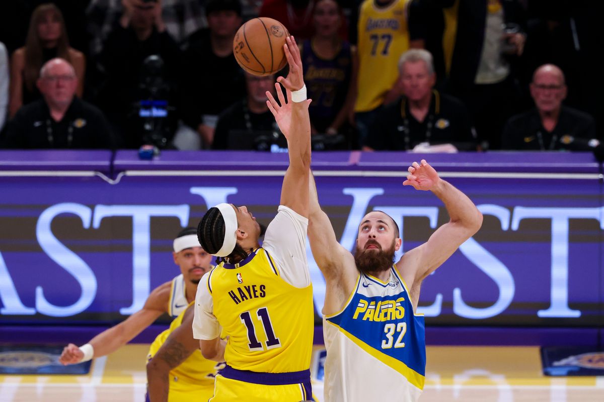 Jaxson Hayes #11 of the Los Angeles Lakers and Jay Huff #32 of the Indiana Pacers jump for the opening tip-off during an NBA basketball game, Friday March 6, 2026 in Los Angeles, Calif. Jaxson Hayes #11 of the Los Angeles Lakers and Jay Huff #32 of the Indiana Pacers jump for the opening tip-off during an NBA basketball game, Friday March 6, 2026 in Los Angeles, Calif.