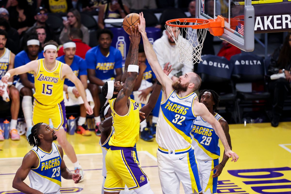 Jay Huff #32 of the Indiana Pacers blocks the shot attempt by Jarred Vanderbilt #2 of the Los Angeles Lakers during an NBA basketball game, Friday March 6, 2026 in Los Angeles, Calif. Jay Huff #32 of the Indiana Pacers blocks the shot attempt by Jarred Vanderbilt #2 of the Los Angeles Lakers during an NBA basketball game, Friday March 6, 2026 in Los Angeles, Calif.