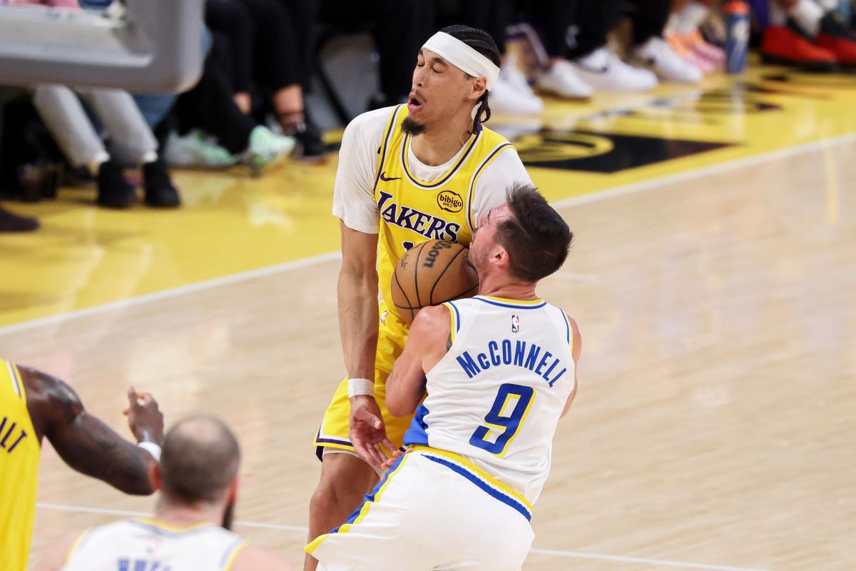 T.J. McConnell #9 of the Indiana Pacers collides with Jaxson Hayes #11 of the Los Angeles Lakers during an NBA basketball game, Friday March 6, 2026 in Los Angeles, Calif. T.J. McConnell #9 of the Indiana Pacers collides with Jaxson Hayes #11 of the Los Angeles Lakers during an NBA basketball game, Friday March 6, 2026 in Los Angeles, Calif.
