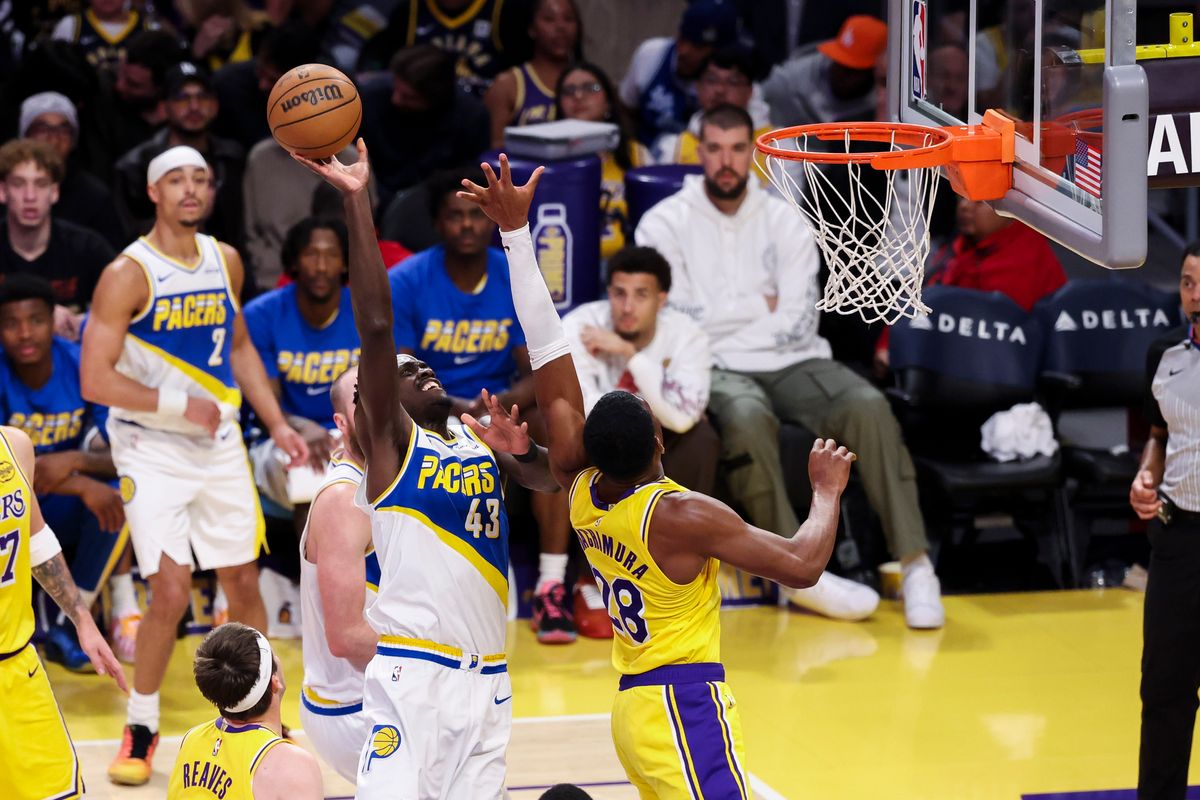 Pascal Siakam #43 of the Indiana Pacers shoots the ball over Rui Hachimura #28 of the Los Angeles Lakers during an NBA basketball game, Friday March 6, 2026 in Los Angeles, Calif. Pascal Siakam #43 of the Indiana Pacers shoots the ball over Rui Hachimura #28 of the Los Angeles Lakers during an NBA basketball game, Friday March 6, 2026 in Los Angeles, Calif.