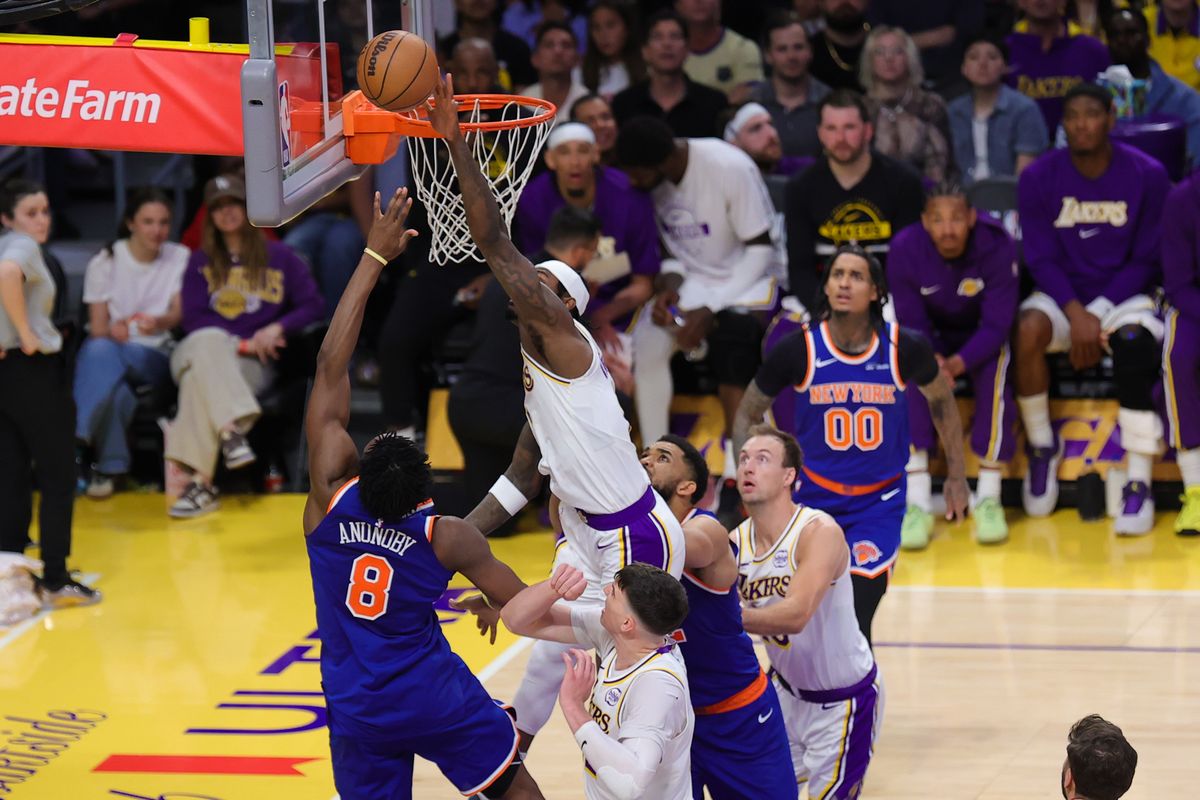 Los Angeles Lakers forward Jarred Vanderbilt (2) blocks a shot during an NBA game against the New York Knicks on March 8, 2026 in Los Angeles, CA. Los Angeles Lakers forward Jarred Vanderbilt (2) blocks a shot during an NBA game against the New York Knicks on March 8, 2026 in Los Angeles, CA.