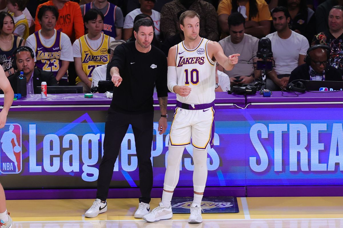 Los Angeles Lakers head coach JJ Redick and guard Luke Kennard (10) discuss strategy during an NBA game against the New York Knicks on March 8, 2026 in Los Angeles, CA. Los Angeles Lakers head coach JJ Redick and guard Luke Kennard (10) discuss strategy during an NBA game against the New York Knicks on March 8, 2026 in Los Angeles, CA.