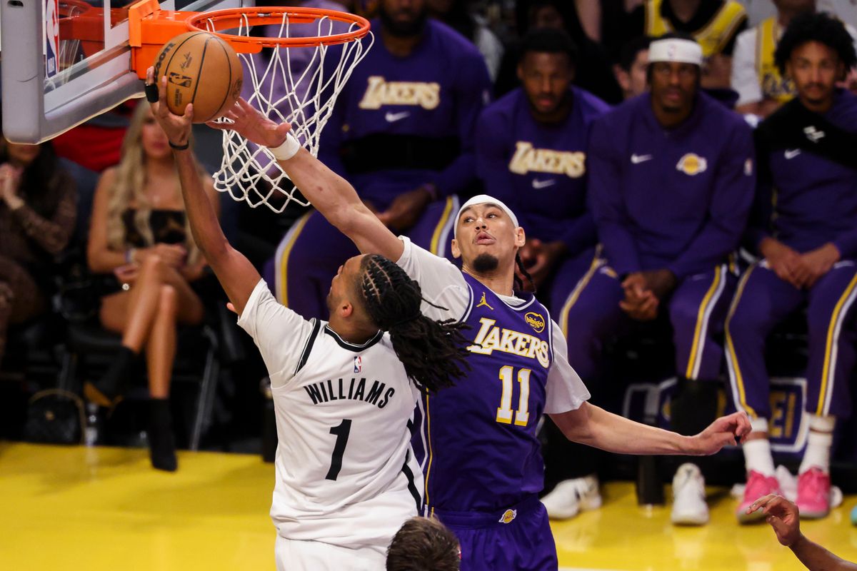 Jaxson Hayes #11 of the Los Angeles Lakers reaches to block the layup by Ziaire Williams #1 of the Brooklyn Nets during an NBA basketball game, Friday March 27, 2026 in Los Angeles, Calif. Jaxson Hayes #11 of the Los Angeles Lakers reaches to block the layup by Ziaire Williams #1 of the Brooklyn Nets during an NBA basketball game, Friday March 27, 2026 in Los Angeles, Calif.