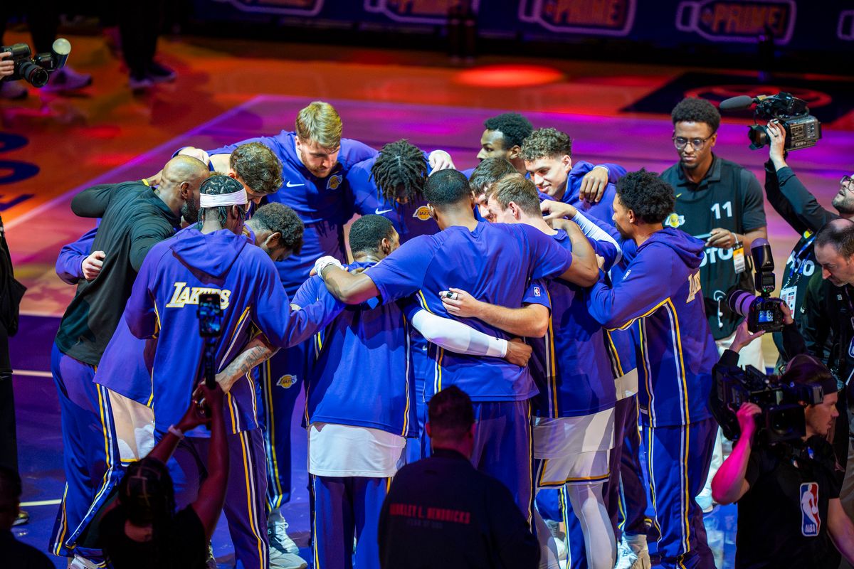Los Angeles Lakers huddled before an NBA basketball game against the Utah Jazz on April 12th, 2026 in Los Angeles, CA. Los Angeles Lakers huddled before an NBA basketball game against the Utah Jazz on April 12th, 2026 in Los Angeles, CA.