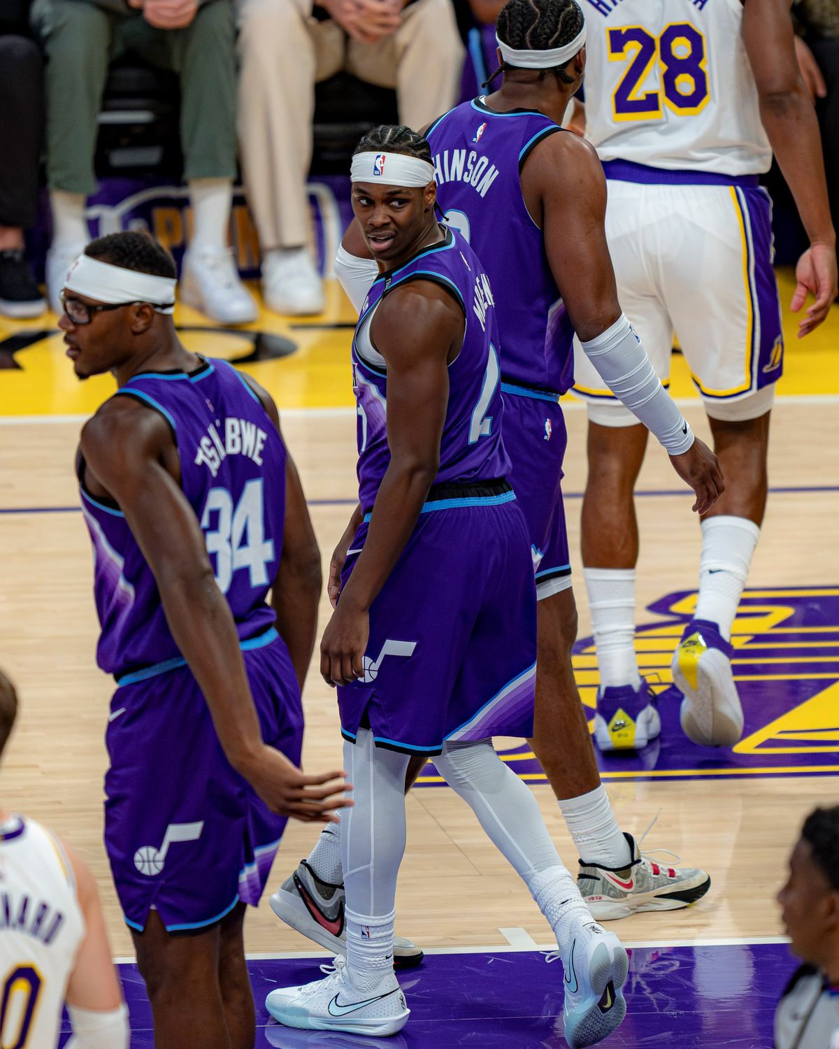 Utah Jazz guard Ben Mbeng (21) during an NBA basketball game against the Los Angeles Lakers on April 12th, 2026 in Los Angeles, CA. Utah Jazz guard Ben Mbeng (21) during an NBA basketball game against the Los Angeles Lakers on April 12th, 2026 in Los Angeles, CA.