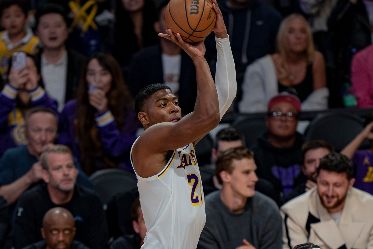 Los Angeles Lakers forward Rui Hachimura (28) shooting a 3 pointer during an NBA basketball game against the Utah Jazz on April 12th, 2026 in Los Angeles, CA. Los Angeles Lakers forward Rui Hachimura (28) shooting a 3 pointer during an NBA basketball game against the Utah Jazz on April 12th, 2026 in Los Angeles, CA.