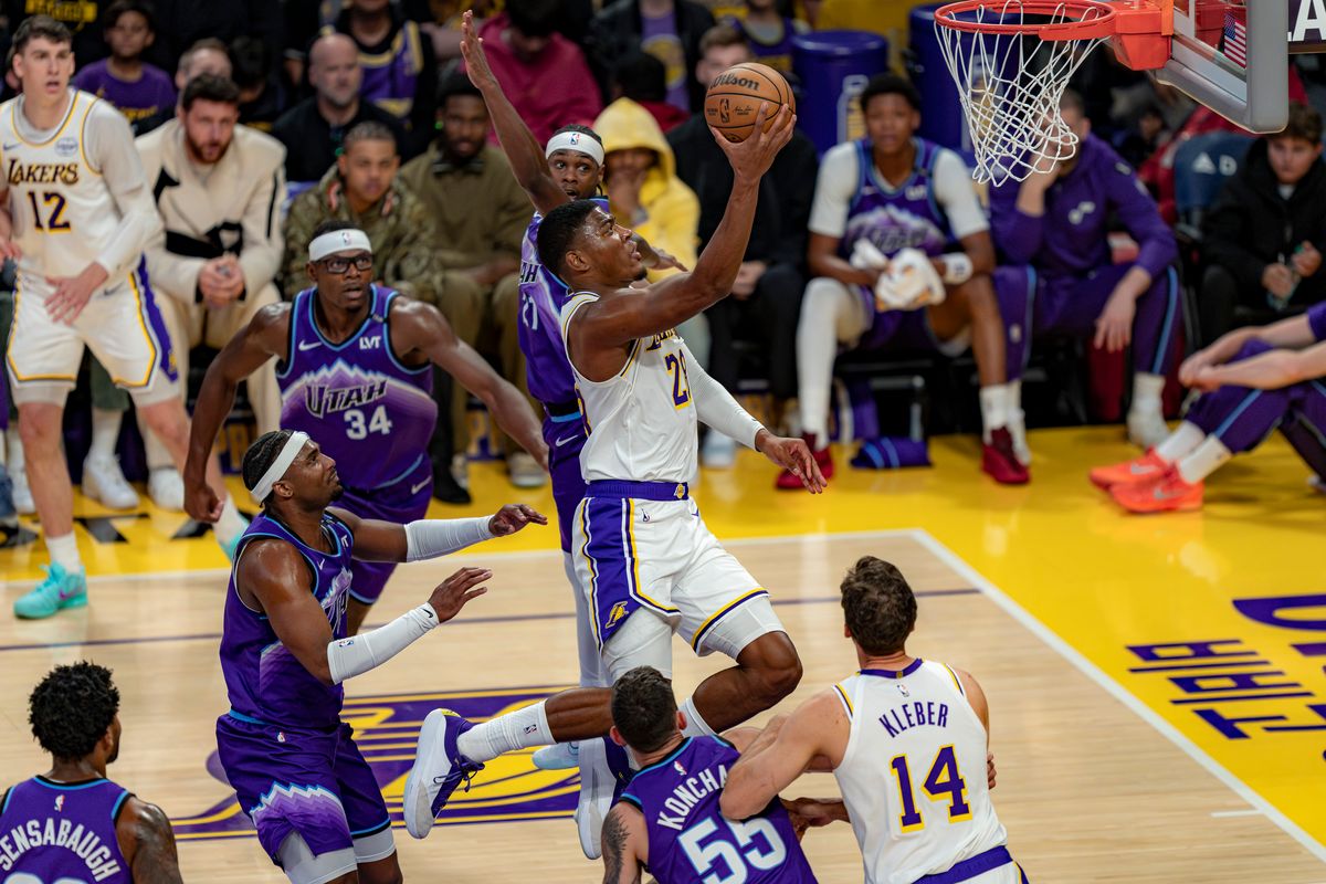Los Angeles Lakers forward Rui Hachimura (28) jumping for a lay up during an NBA basketball game against the Utah Jazz on April 12th, 2026 in Los Angeles, CA. Los Angeles Lakers forward Rui Hachimura (28) jumping for a lay up during an NBA basketball game against the Utah Jazz on April 12th, 2026 in Los Angeles, CA.