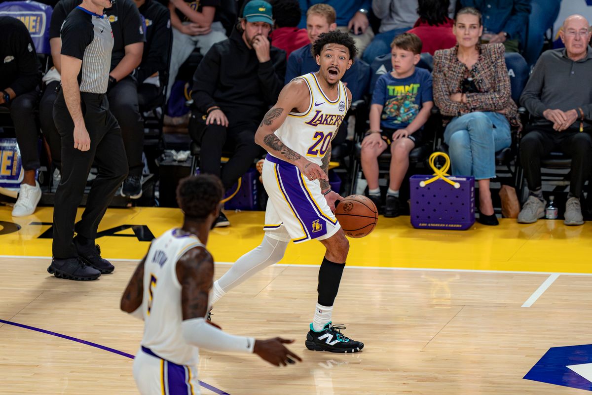 Los Angeles Lakers guard Nick Smith Jr. (20) yelling positioning to a teammate during an NBA basketball game against the Utah Jazz on April 12th, 2026 in Los Angeles, CA. Los Angeles Lakers guard Nick Smith Jr. (20) yelling positioning to a teammate during an NBA basketball game against the Utah Jazz on April 12th, 2026 in Los Angeles, CA.