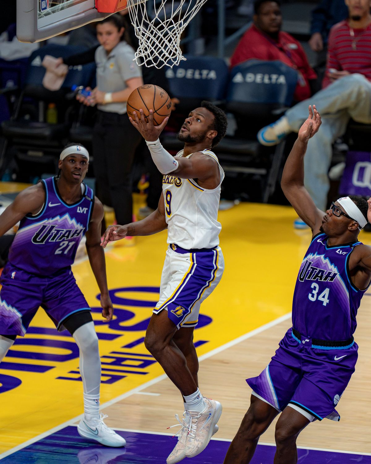 Los Angeles Lakers guard Bronny James Jr. (9) jumping for a lay up during an NBA basketball game against the Utah Jazz on April 12th, 2026 in Los Angeles, CA. Los Angeles Lakers guard Bronny James Jr. (9) jumping for a lay up during an NBA basketball game against the Utah Jazz on April 12th, 2026 in Los Angeles, CA.