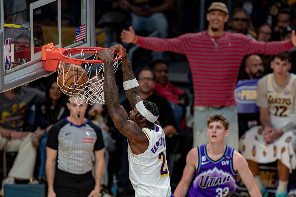 Los Angeles Lakers forward Jared Vanderbilt (2) dunking during an NBA basketball game against the Utah Jazz on April 12th, 2026 in Los Angeles, CA. Los Angeles Lakers forward Jared Vanderbilt (2) dunking during an NBA basketball game against the Utah Jazz on April 12th, 2026 in Los Angeles, CA.