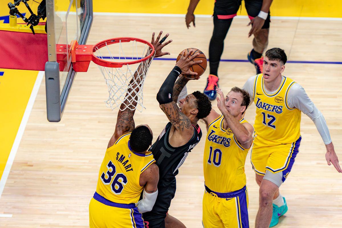 Houston Rockets forward Jabari Smith Jr. (10) leaps for a dunk during an NBA basketball game against the Los Angeles Lakers on April 18th, 2026 in Los Angeles, CA. Houston Rockets forward Jabari Smith Jr. (10) leaps for a dunk during an NBA basketball game against the Los Angeles Lakers on April 18th, 2026 in Los Angeles, CA.