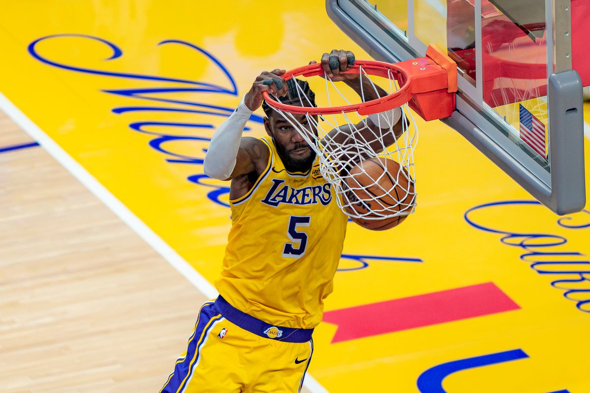 Los Angeles Lakers center Deandre Ayton (5) dunking during an NBA basketball game against the Houston Rockets on April 18th, 2026 in Los Angeles, CA. Los Angeles Lakers center Deandre Ayton (5) dunking during an NBA basketball game against the Houston Rockets on April 18th, 2026 in Los Angeles, CA.