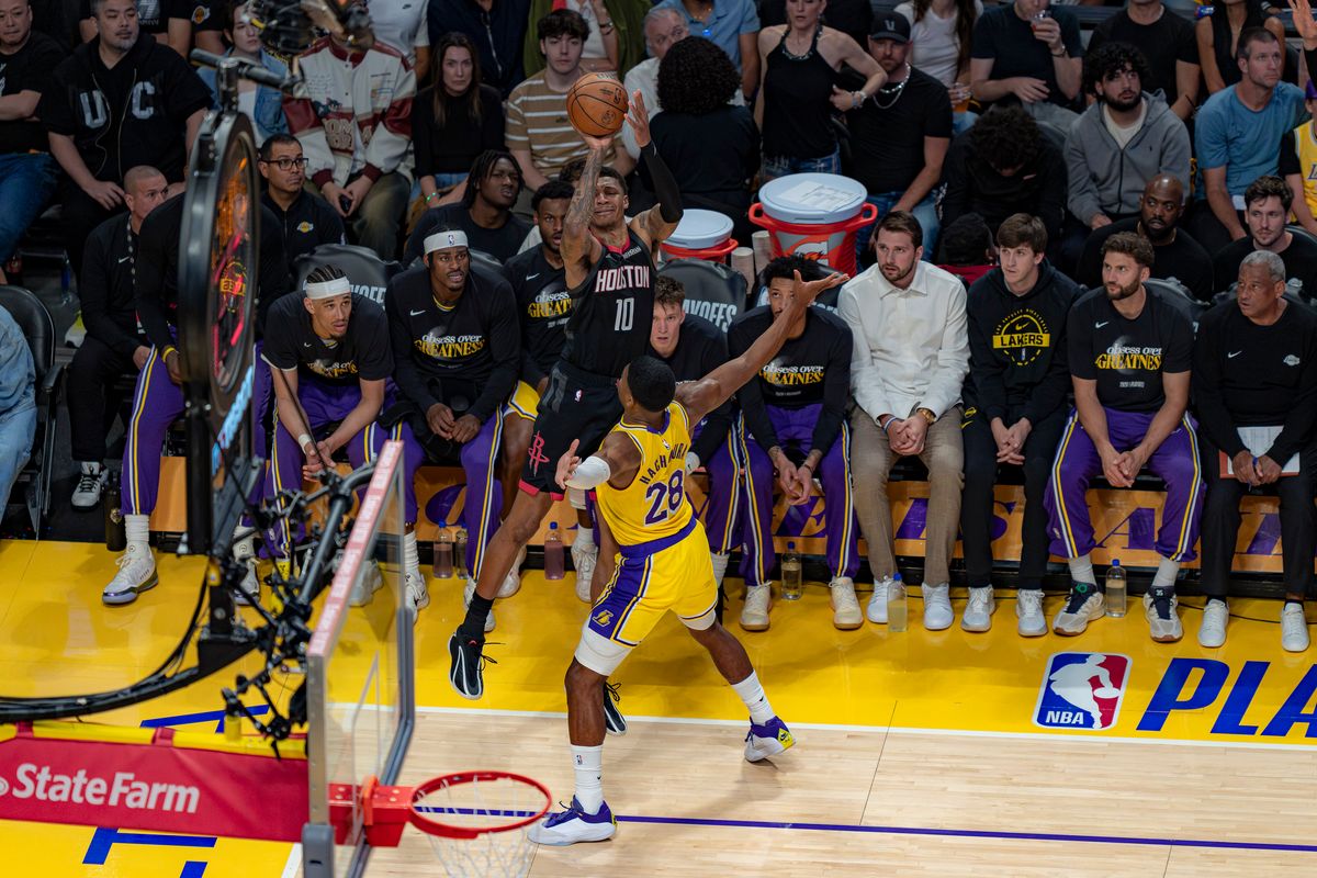 Houston Rockets forward Jabari Smith Jr. (10) shooting for three from the corner during an NBA basketball game against the Los Angeles Lakers on April 18th, 2026 in Los Angeles, CA. Houston Rockets forward Jabari Smith Jr. (10) shooting for three from the corner during an NBA basketball game against the Los Angeles Lakers on April 18th, 2026 in Los Angeles, CA.