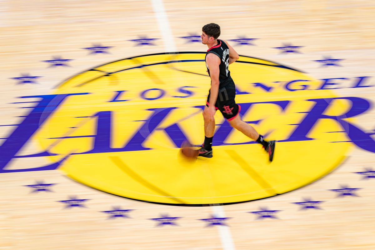 Houston Rockets guard Reed Sheppard (15) dribbling over the center court logo during an NBA basketball game against the Los Angeles Lakers on April 18th, 2026 in Los Angeles, CA. Houston Rockets guard Reed Sheppard (15) dribbling over the center court logo during an NBA basketball game against the Los Angeles Lakers on April 18th, 2026 in Los Angeles, CA.