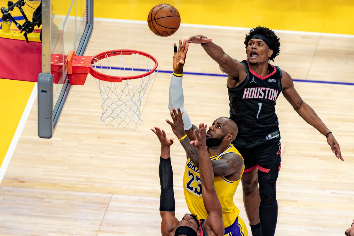 Los Angeles Lakers forward LeBron James (23) leaping for a lay up during an NBA basketball game against the Houston Rockets on April 18th, 2026 in Los Angeles, CA. Los Angeles Lakers forward LeBron James (23) leaping for a lay up during an NBA basketball game against the Houston Rockets on April 18th, 2026 in Los Angeles, CA.