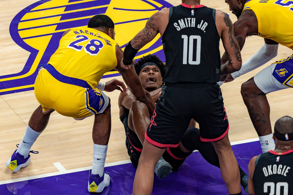 Los Angeles Lakers forward Rui Hachimura (28) helping a Rockets player to his feet during an NBA basketball game against the Houston Rockets on April 18th, 2026 in Los Angeles, CA. Los Angeles Lakers forward Rui Hachimura (28) helping a Rockets player to his feet during an NBA basketball game against the Houston Rockets on April 18th, 2026 in Los Angeles, CA.