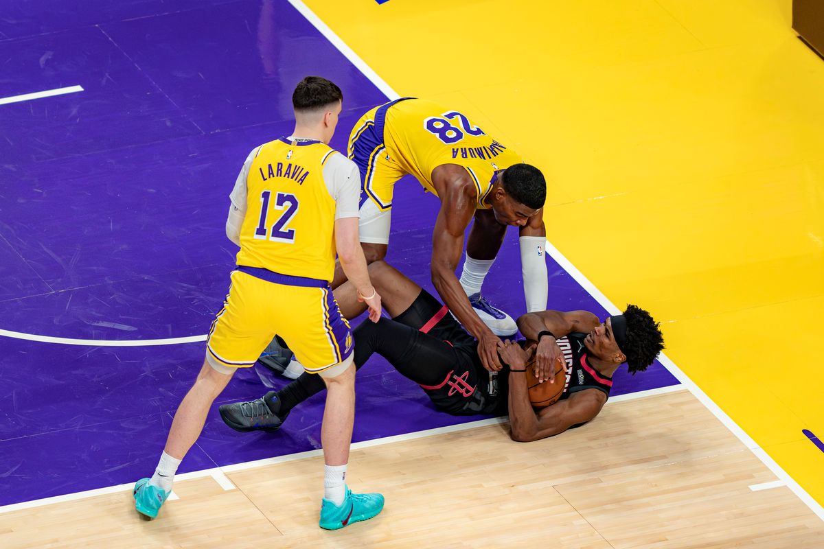 Los Angeles Lakers forward Rui Hachimura (28) trying to recover the ball during an NBA basketball game against the Houston Rockets on April 18th, 2026 in Los Angeles, CA. Los Angeles Lakers forward Rui Hachimura (28) trying to recover the ball during an NBA basketball game against the Houston Rockets on April 18th, 2026 in Los Angeles, CA.