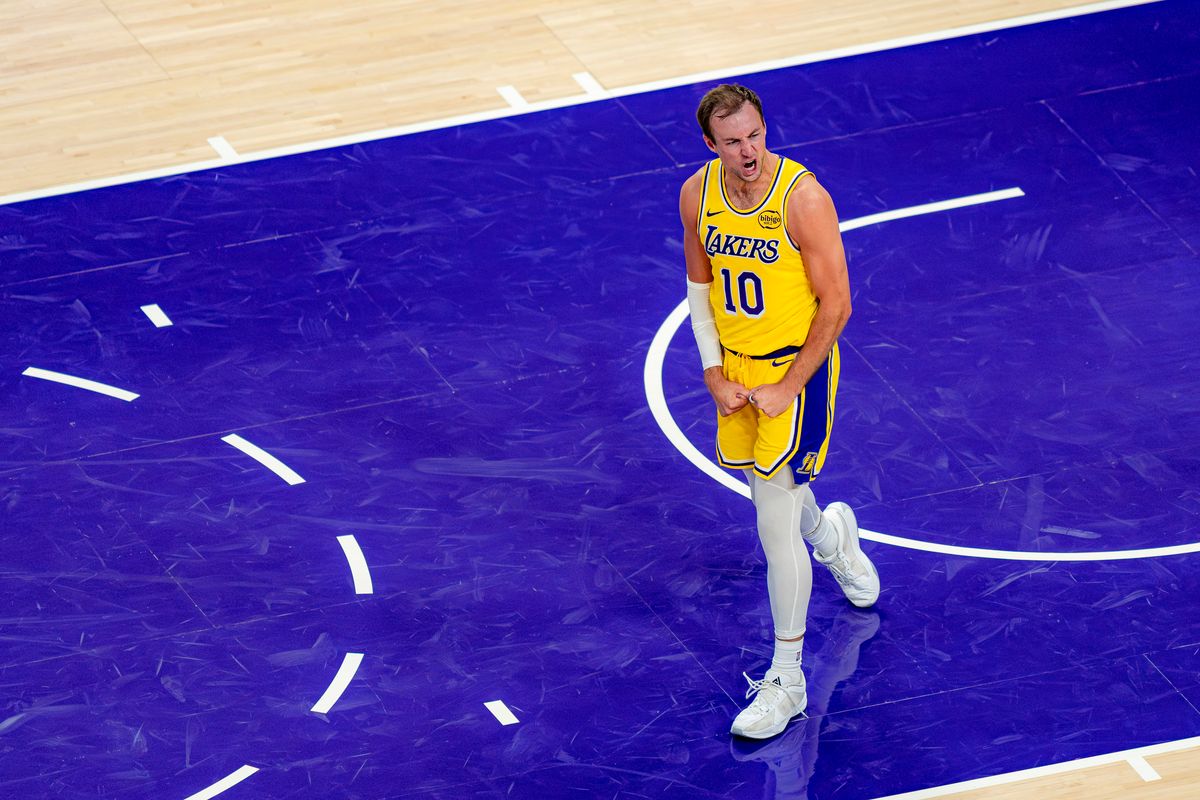 Los Angeles Lakers guard Luke Kennard (10) celebrating repeated threes during an NBA basketball game against the Houston Rockets on April 18th, 2026 in Los Angeles, CA. Los Angeles Lakers guard Luke Kennard (10) celebrating repeated threes during an NBA basketball game against the Houston Rockets on April 18th, 2026 in Los Angeles, CA.