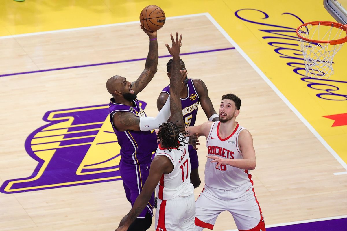 Los Angeles Lakers forward LeBron James (23) shoots a hook shot during an NBA playoffs game against the Houston Rockets on April 29, 2026 in Los Angeles, CA. Los Angeles Lakers forward LeBron James (23) shoots a hook shot during an NBA playoffs game against the Houston Rockets on April 29, 2026 in Los Angeles, CA.