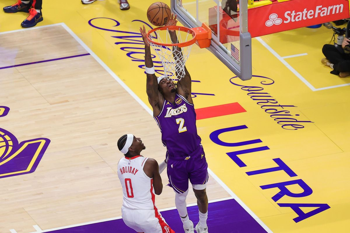 Los Angeles Lakers forward Jarred Vanderbilt (2) lays the ball in during an NBA playoffs game against the Houston Rockets on April 29, 2026 in Los Angeles, CA. Los Angeles Lakers forward Jarred Vanderbilt (2) lays the ball in during an NBA playoffs game against the Houston Rockets on April 29, 2026 in Los Angeles, CA.