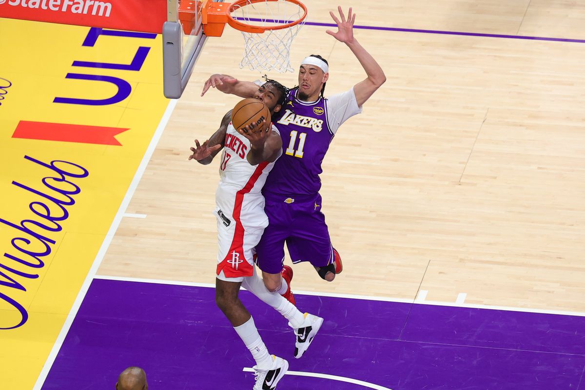 Los Angeles Lakers center Jaxson Hayes (11) defends against during an NBA playoffs game against the Houston Rockets on April 29, 2026 in Los Angeles, CA. Los Angeles Lakers center Jaxson Hayes (11) defends against during an NBA playoffs game against the Houston Rockets on April 29, 2026 in Los Angeles, CA.