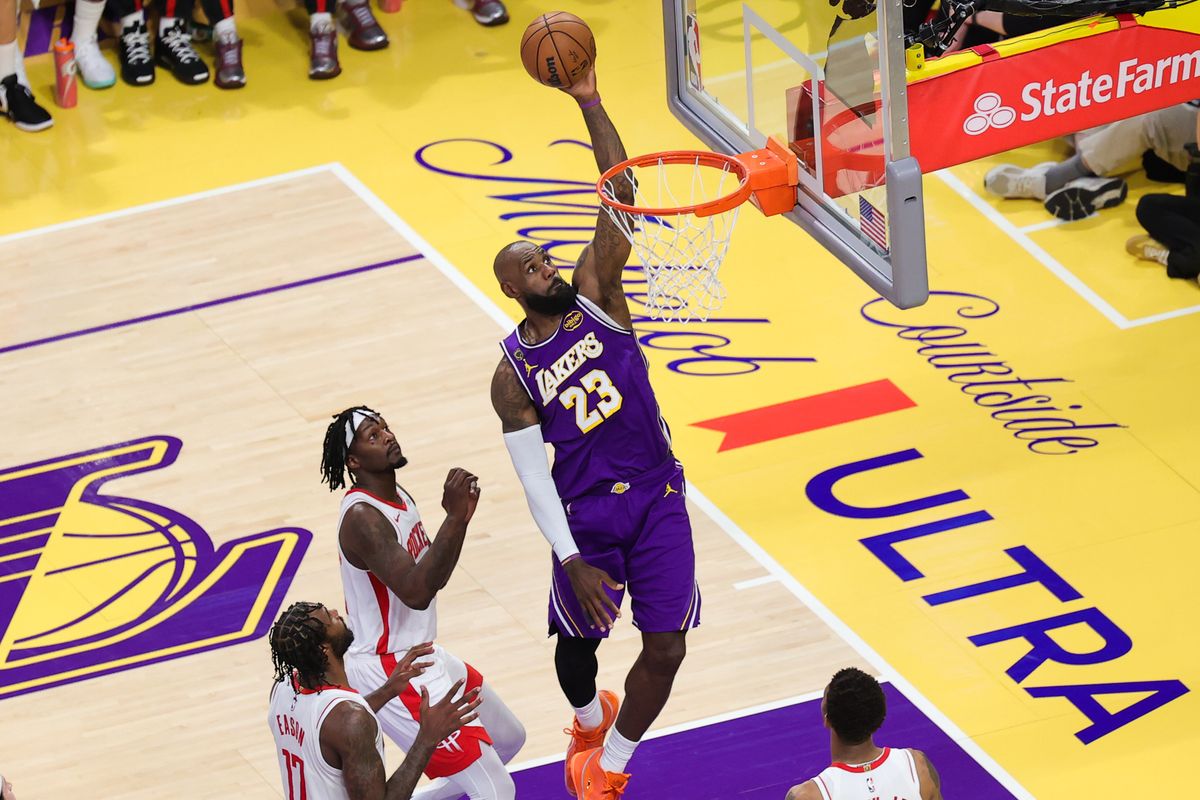 Los Angeles Lakers forward LeBron James (23) lays the ball in during an NBA playoffs game against the Houston Rockets on April 29, 2026 in Los Angeles, CA. Los Angeles Lakers forward LeBron James (23) lays the ball in during an NBA playoffs game against the Houston Rockets on April 29, 2026 in Los Angeles, CA.