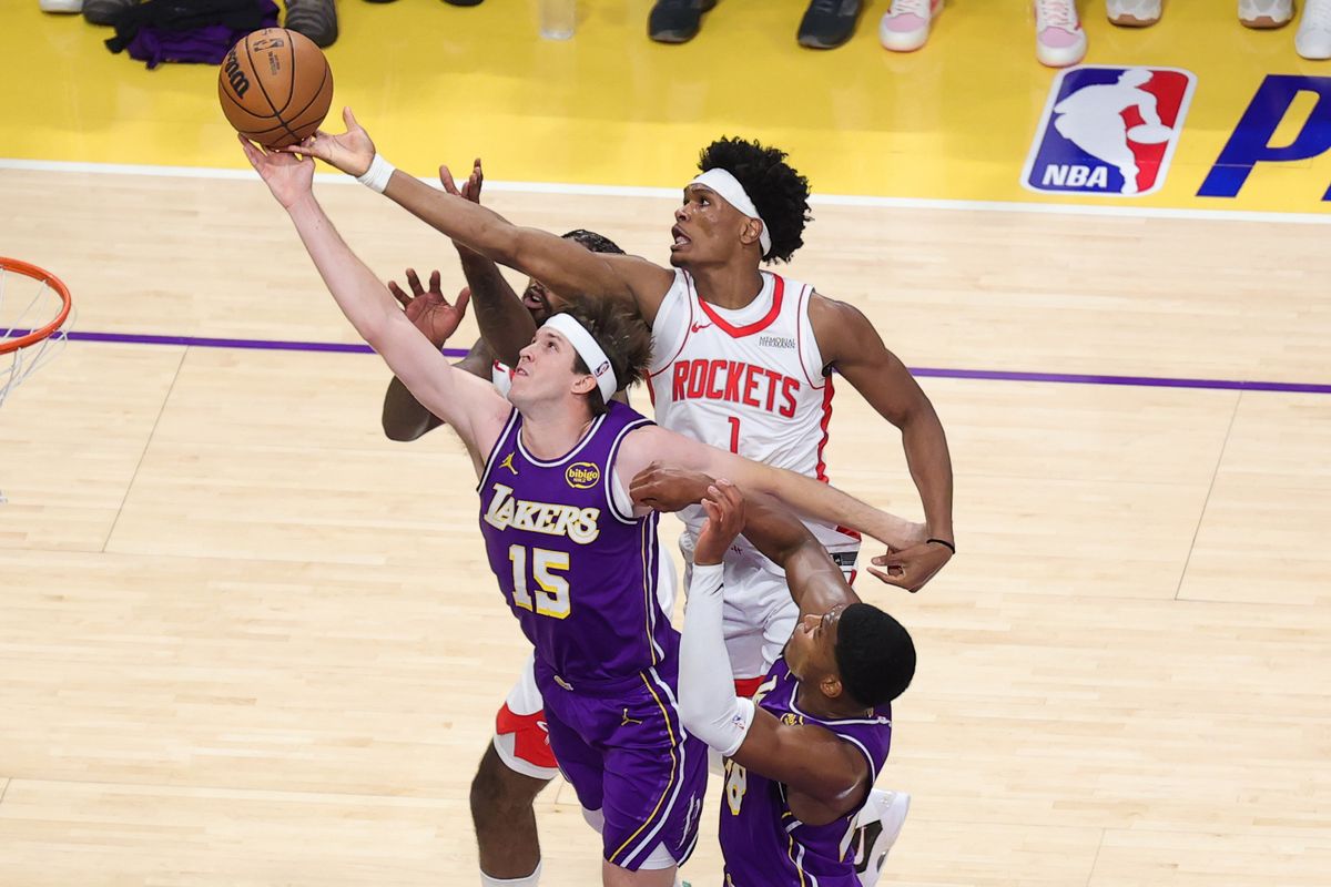 Los Angeles Lakers guard Austin Reaves (15) goes for the rebound during an NBA playoffs game against the Houston Rockets on April 29, 2026 in Los Angeles, CA. Los Angeles Lakers guard Austin Reaves (15) goes for the rebound during an NBA playoffs game against the Houston Rockets on April 29, 2026 in Los Angeles, CA.