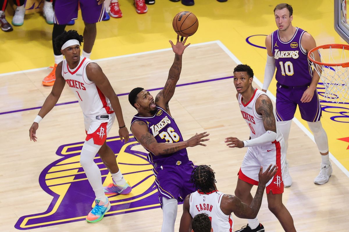 Los Angeles Lakers guard Marcus Smart (36) attempts a lay up during an NBA playoffs game against the Houston Rockets on April 29, 2026 in Los Angeles, CA. Los Angeles Lakers guard Marcus Smart (36) attempts a lay up during an NBA playoffs game against the Houston Rockets on April 29, 2026 in Los Angeles, CA.