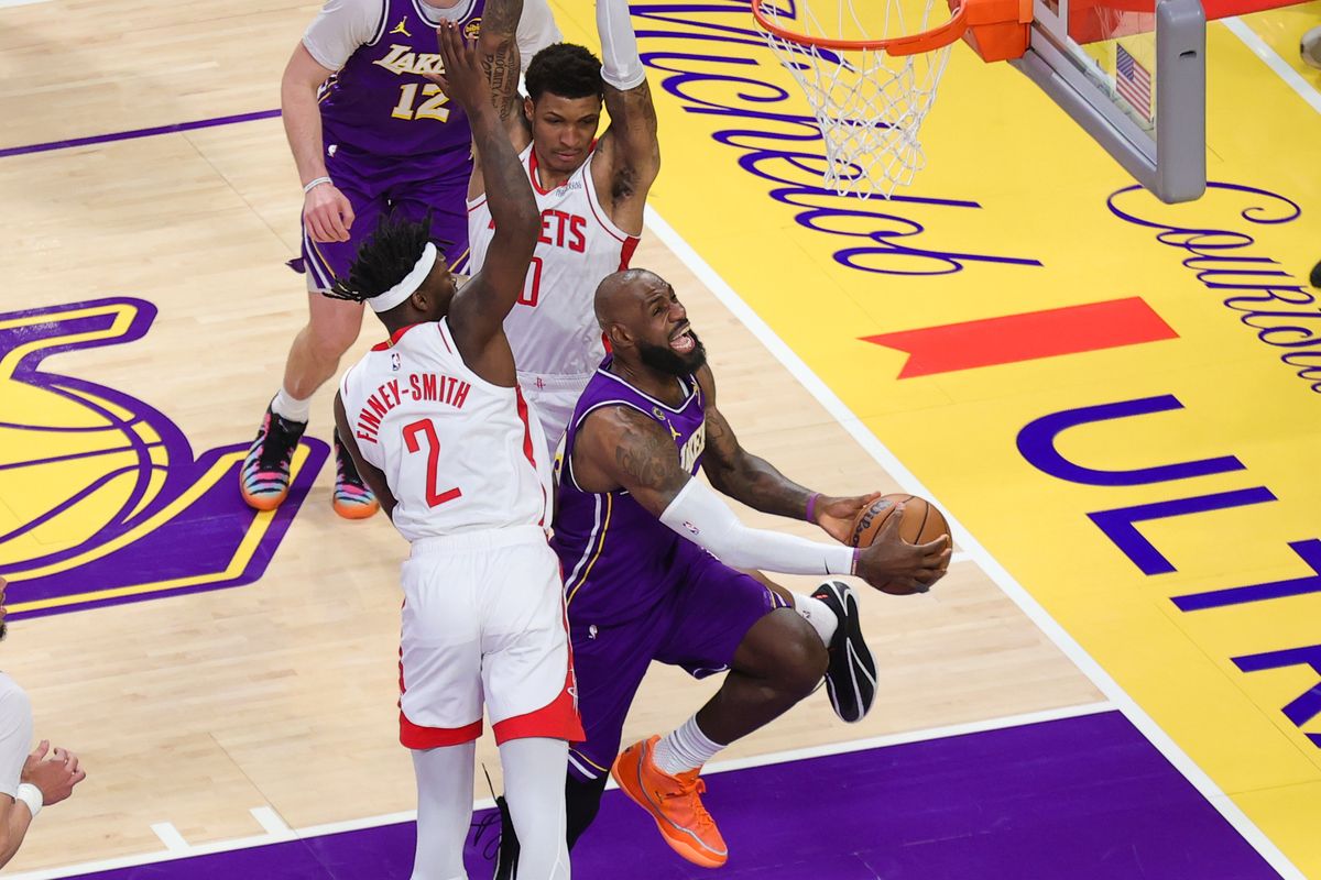 Los Angeles Lakers forward LeBron James (23) drives in for a lay up during an NBA playoffs game against the Houston Rockets on April 29, 2026 in Los Angeles, CA. Los Angeles Lakers forward LeBron James (23) drives in for a lay up during an NBA playoffs game against the Houston Rockets on April 29, 2026 in Los Angeles, CA.
