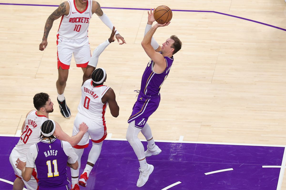 Los Angeles Lakers guard Luke Kennard (10) shoots the basketball during an NBA playoffs game against the Houston Rockets on April 29, 2026 in Los Angeles, CA. Los Angeles Lakers guard Luke Kennard (10) shoots the basketball during an NBA playoffs game against the Houston Rockets on April 29, 2026 in Los Angeles, CA.