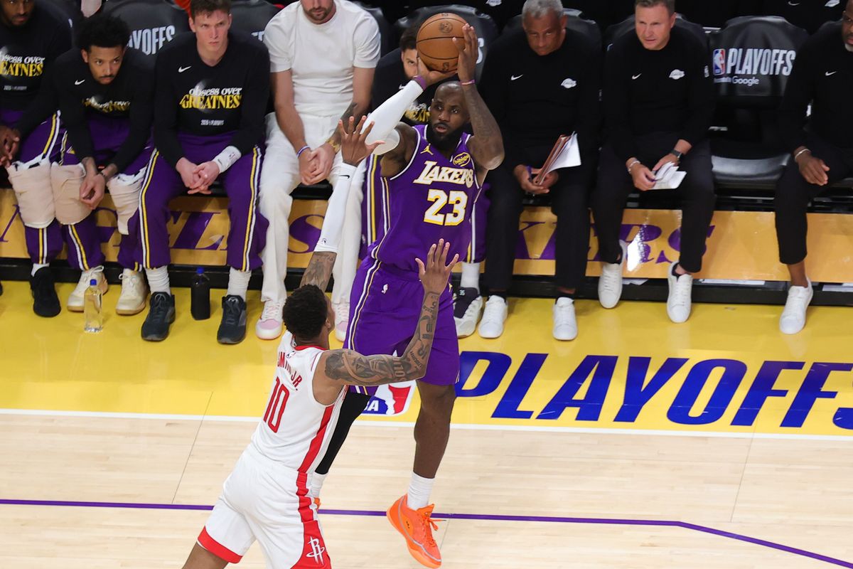 Los Angeles Lakers forward LeBron James (23) shoots the basketball during an NBA playoffs game against the Houston Rockets on April 29, 2026 in Los Angeles, CA. Los Angeles Lakers forward LeBron James (23) shoots the basketball during an NBA playoffs game against the Houston Rockets on April 29, 2026 in Los Angeles, CA.